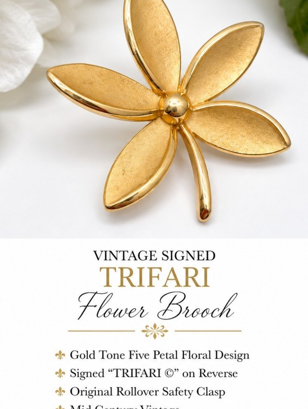 Vintage Signed Trifari Gold Tone Flower Brooch Pin Mid Century Floral Statement